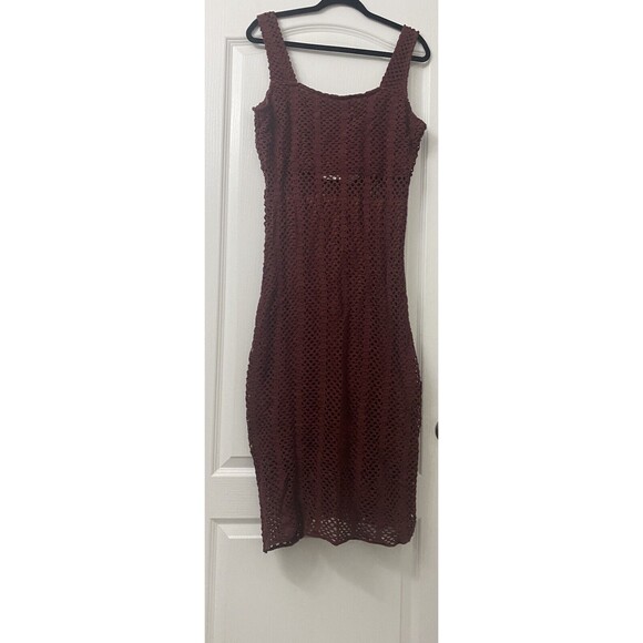 Lucy Paris Women's Size L Mia Crochet Brown Square Neck Midi Dress NEW - Picture 2 of 8
